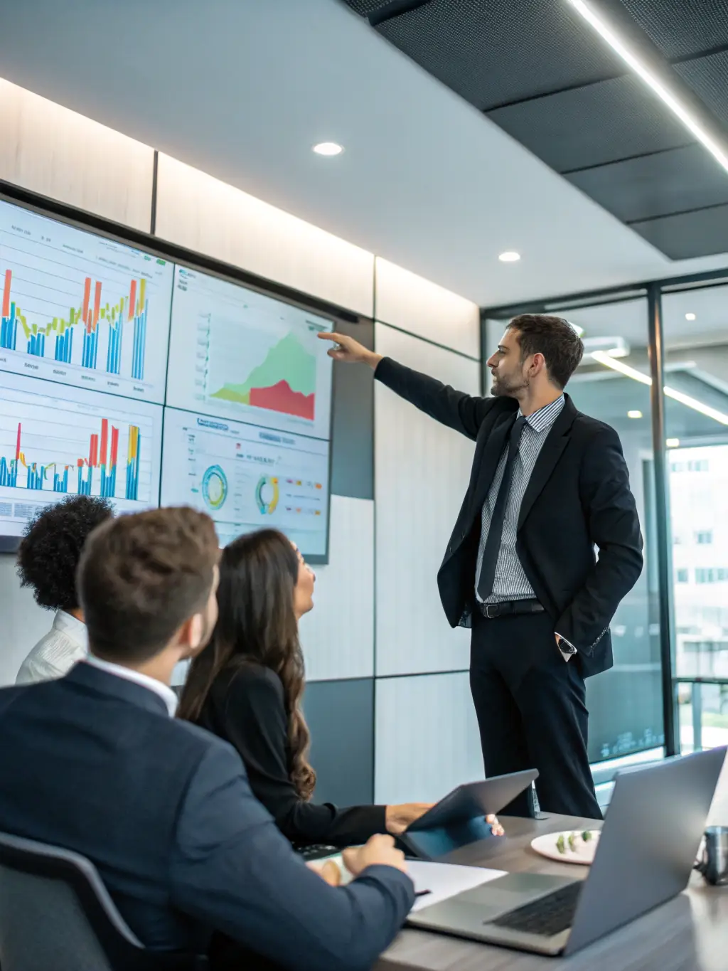 A person is presenting data insights to a team in a business meeting, using charts and graphs to communicate findings. The focus is on the impact of data-driven decision-making.