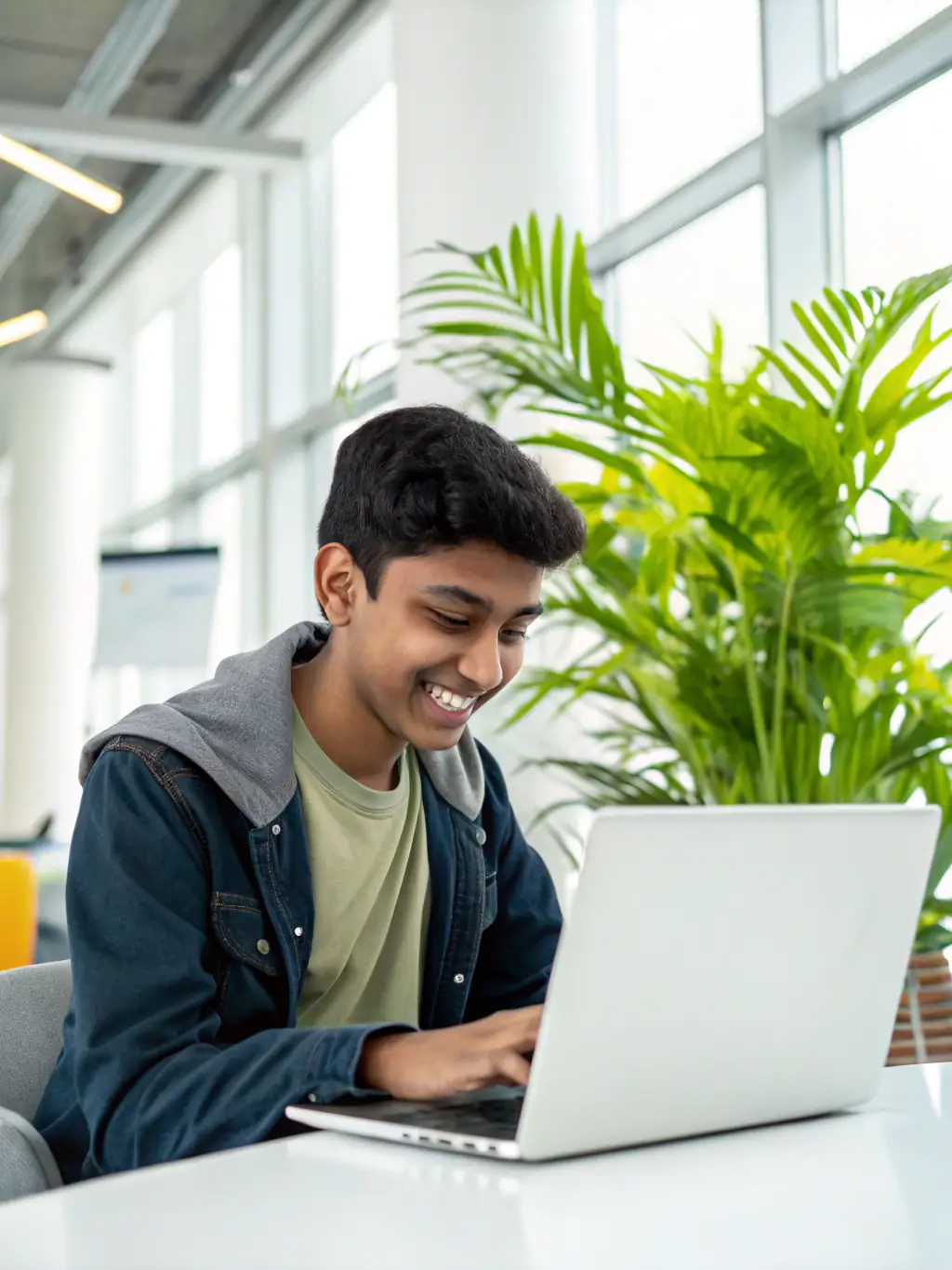 A student is working on a data science project, analyzing a dataset on a laptop in a modern classroom setting, with other students collaborating in the background. The focus is on the student's engagement and the collaborative learning environment.